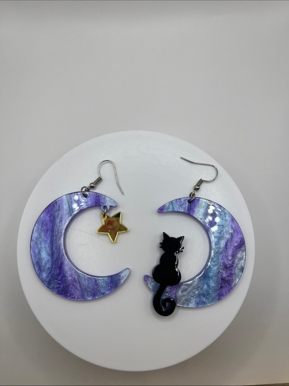Purple Crescent Moon Cat & Star Earrings
